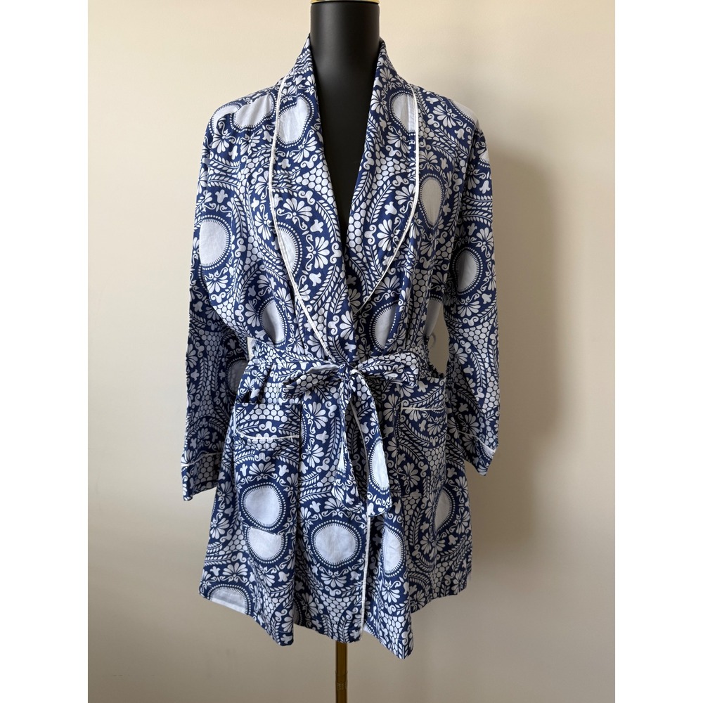 Malabar Bay Organic Cotton Satin Robe Blue White Medallion Floral S/M Loungewear